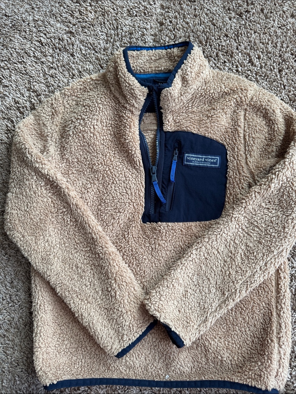 Vineyard Vines Kids Tan Sherpa Pullover with Navy Chest Pocket